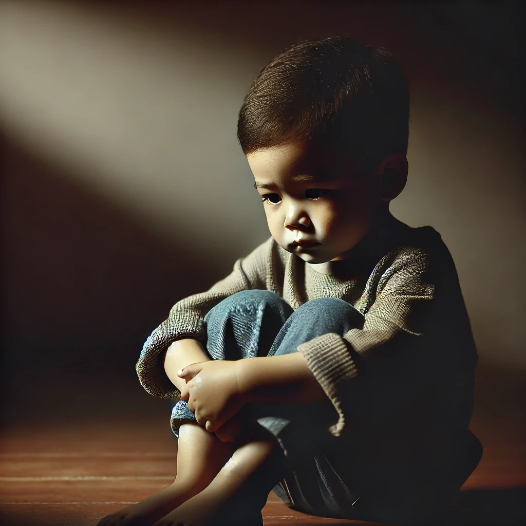 DALL·E 2025-02-22 02.17.29 - A young child sitting alone in a dimly lit room, looking sad and withdrawn. The child has a small tear on their cheek and is hugging their knees. Shad